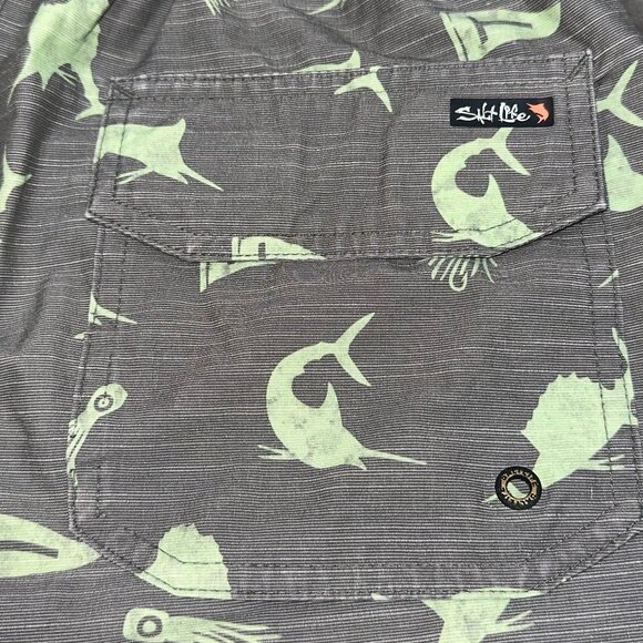 Salt Life Swim Trunks Bathing Suit Shorts Mesh Lined Grey Green Fish Size Medium - Picture 4 of 8